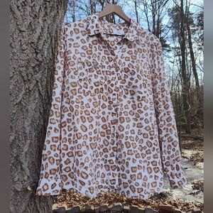 Linen Animal Print Leopard Long Sleeve Button Up Shirt Roll Tab XL Charter Club